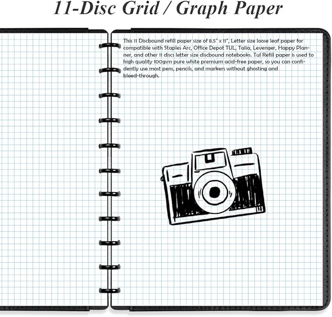 A4 TUL Discbound Grid Filler Paper - 11 Disc Graph Paper, Letter Size 100Sheets / 200Pages Loose-Leaf Paper, 100gsm White Paper, 8.5'' x 11''