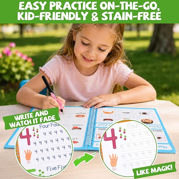 Magic Grooved Writing Practice Books for Kids 3-10, Large Reusable Handwriting Workbooks with Disappearing Ink, 3D Tracing Book Toy Gifts for Kindergarten Summer Workbook Preschool Learning Activities