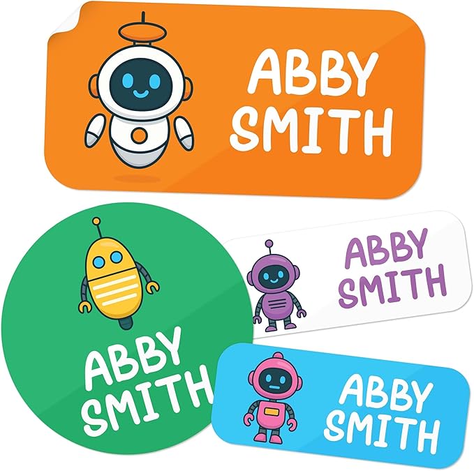 Personalized Daycare Name Labels for Kids, (130 Pack) Waterproof Custom Name Stickers for Clothing Tags, Lunch Boxes and School Supplies, Made in USA by MSC -Robots