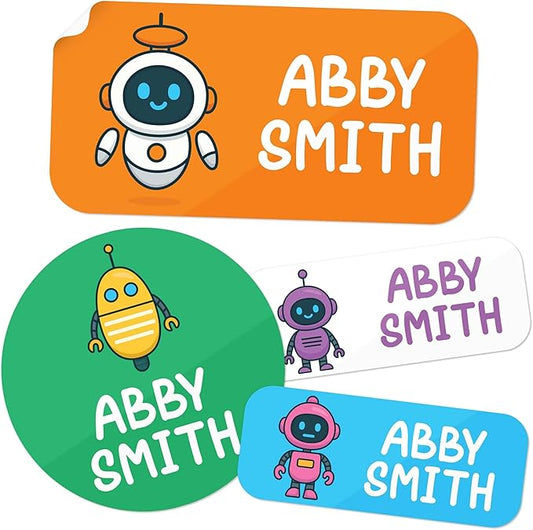 Personalized Daycare Name Labels for Kids, (130 Pack) Waterproof Custom Name Stickers for Clothing Tags, Lunch Boxes and School Supplies, Made in USA by MSC -Robots