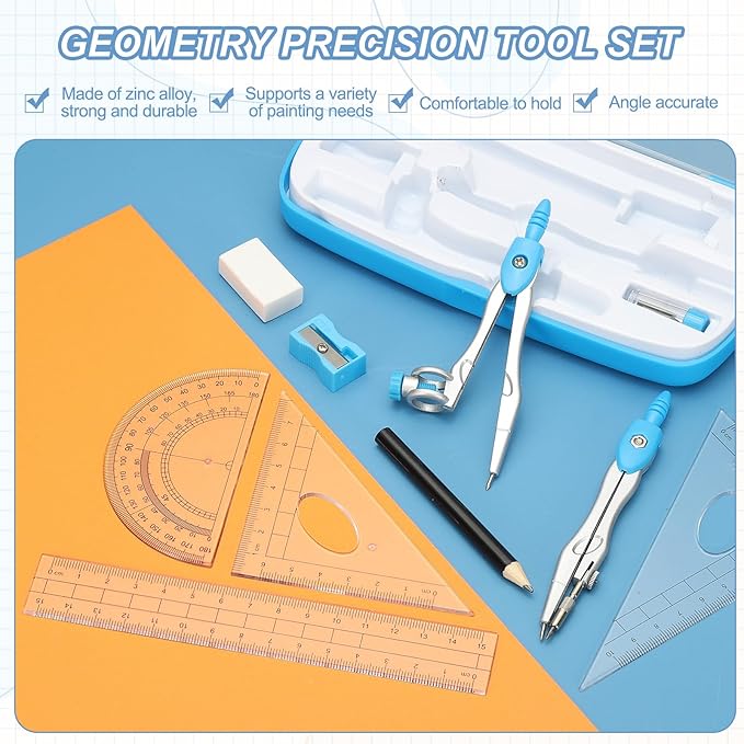 PATIKIL Geometry Precision Tool Set, 11 Pcs Geometry Set Compass Tool with Shatterproof Storage Box Rulers Math Compass Kit for Math Drafting Supplies, Orange(Style 1)