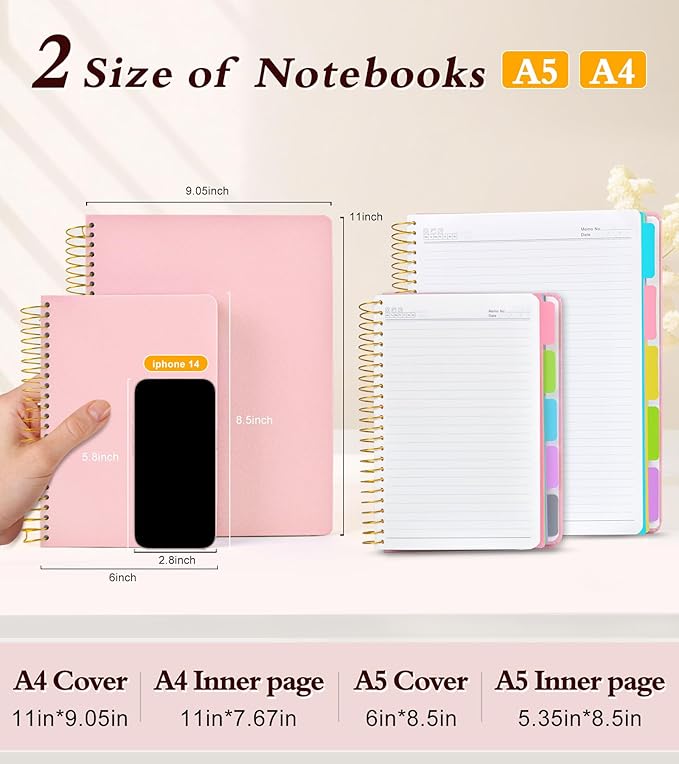 5 Subject Notebook College Ruled with Removable Pocket Dividers Tabs, 240 Pages Spiral Notebook 8.5 x 11, Lined Journal Notebook for Women , Hardcover Notebooks for Work School Note taking A4 Pink