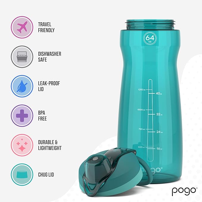 Pogo 64oz Plastic Water Bottle with Leak-Proof Chug Lid and Carry Handle, Reusable, BPA Free, Capacity Markings, Dishwasher Safe, Perfect for Travel, School, Outdoors, and Gym, Teal