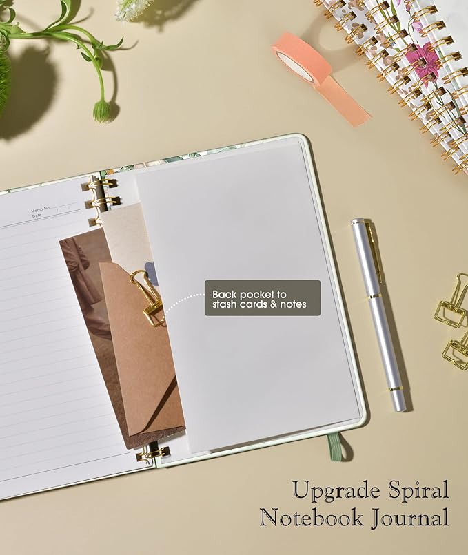 PAPEJOON Lined Spiral Journal Notebook for Women, A5 Cute Hardcover Spiral Journals for Work, Note Taking, 150 Numbered Pages 100 GSM College Ruled Spiral Bound Notebook, 5.75" x 8.38", Eucalyptus
