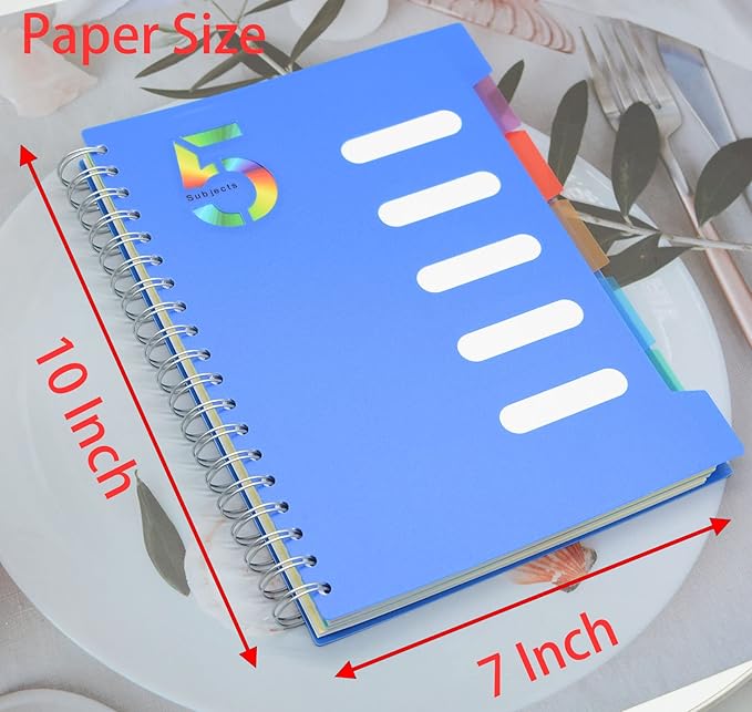 5 Subject Notebook, 1 Pcs Dark Blue 10 Inch x 7 Inch B5 Spiral Notebook With Waterproof Plastic Softcover, 300 Pages 80 Gsm College Ruled Papers With 5 Sheets Colorful Movable Dividers (Dark Blue)