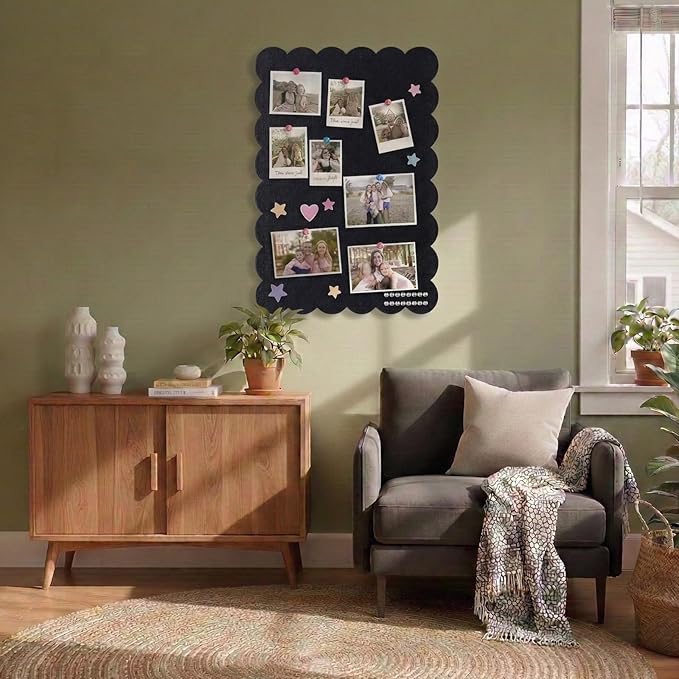 Scalloped Bulletin Board, 36x24 Scalloped Felt Bulletin Board, 3' by 2' Trifold Foldable Picture Display with 20 Pins & 5 Cute Decors - Black