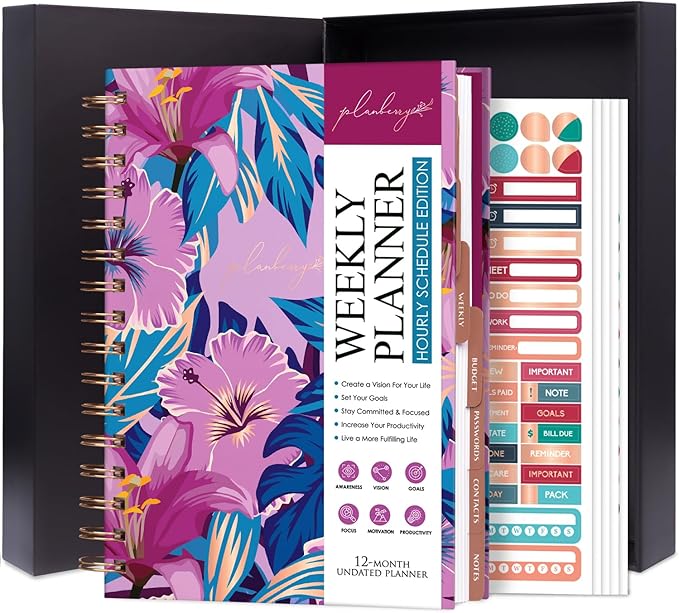 PLANBERRY Hourly Schedule Planner Premium – Undated Journal with Time Slots for Productivity & Budget Organizer, 6.9″x8.5″ (Flower Paradise)