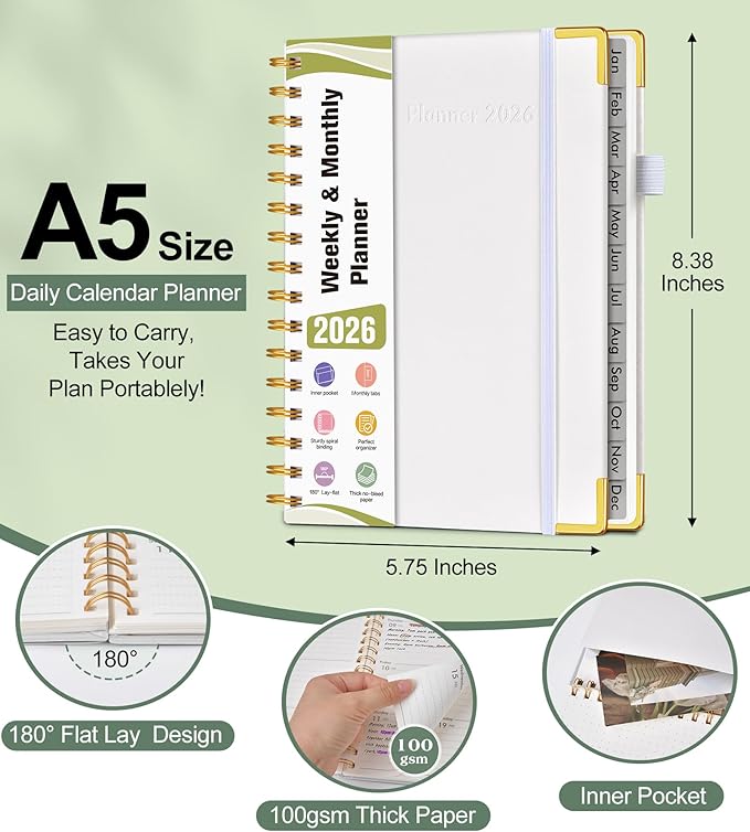 2026 Planner, Hardcover Leather Weekly and Monthly Planner, January 2026 - December 2026, Spiral Yearly Agenda Organizer Book 2026 with Tabs, Daily Calendar Planners for School Work Home, A5 (5.75" x 8.38"), White