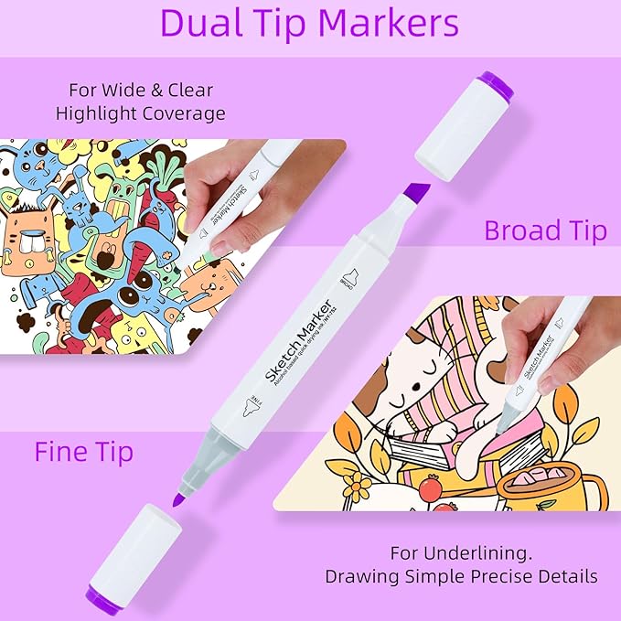Alcohol Markers, 80 Colors Dual Tip Art Coloring Markers for Adult Coloring Books, Drawing, Sketching, Illustration with Carrying Case-White