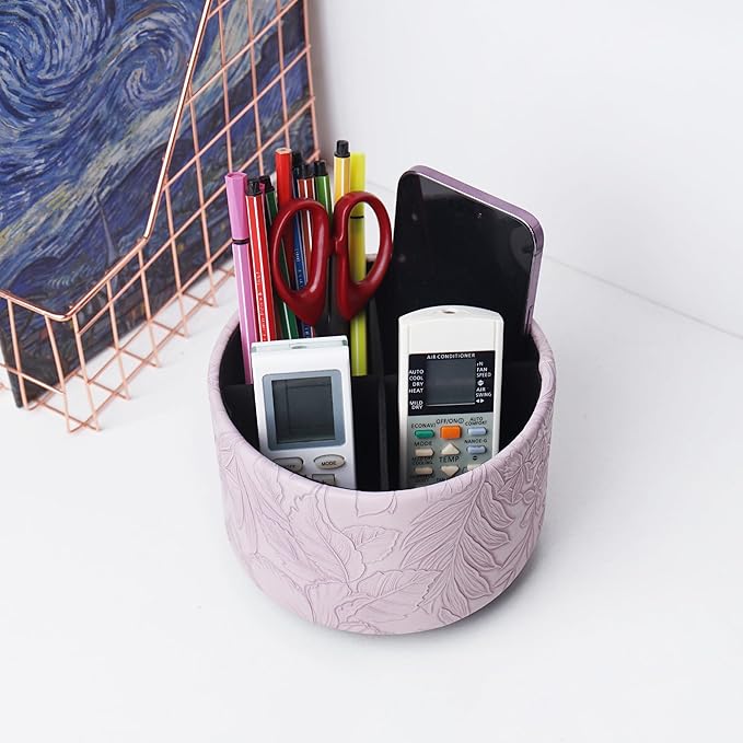 Round Leather Art Supply Organizer,Remote Control Holder,360 Degree Spinning,Multi-Functional Pencil Holder,4 Compartments Desktop Stationary Organizer(1-Carved Purple)