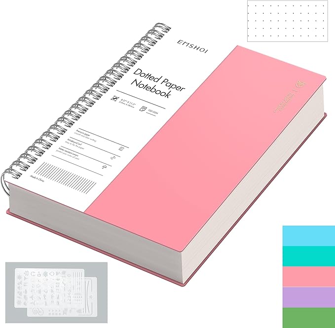 EMSHOI Dotted Journal Spiral Notebook, 300 Pages, A4 Large 8.27"x11.2", 100 GSM Thick Paper, Flexible Plastic Cover, 5mm Dot Grid Notebook for Journaling, Planning, Drawing, Writing, Pink