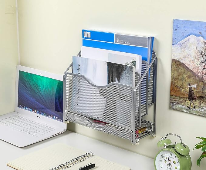 EasyPAG Mesh Desk Paper Organizer Wall Hanging File Holder with 3 Upright File Rack and Sliding Drawer,Silver