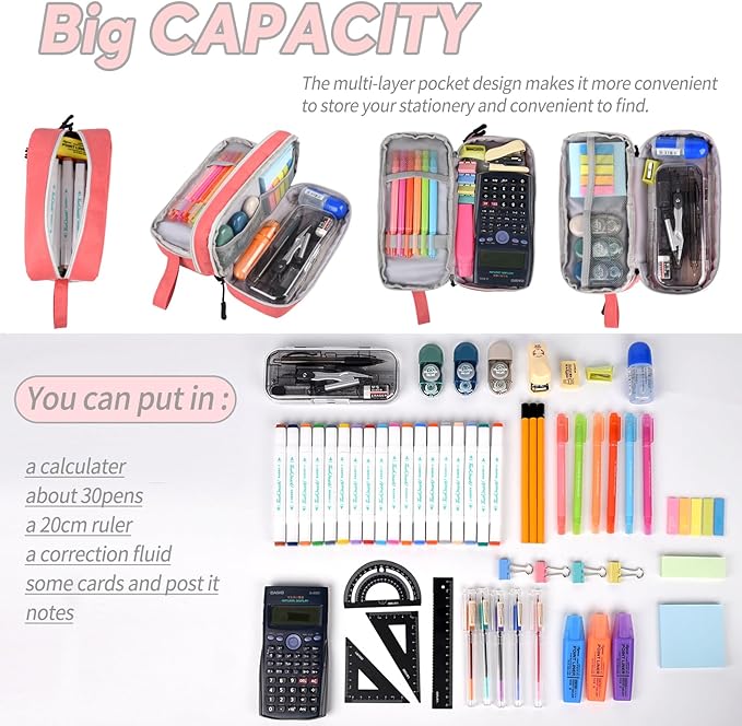 Genteen Large Capacity Pencil Case,Multifunction Pencil Pouch,Pencil Bags with Zipper 3 Compartments Pencil case organizer for or School Teen Girl Boy Men Women（Pink）