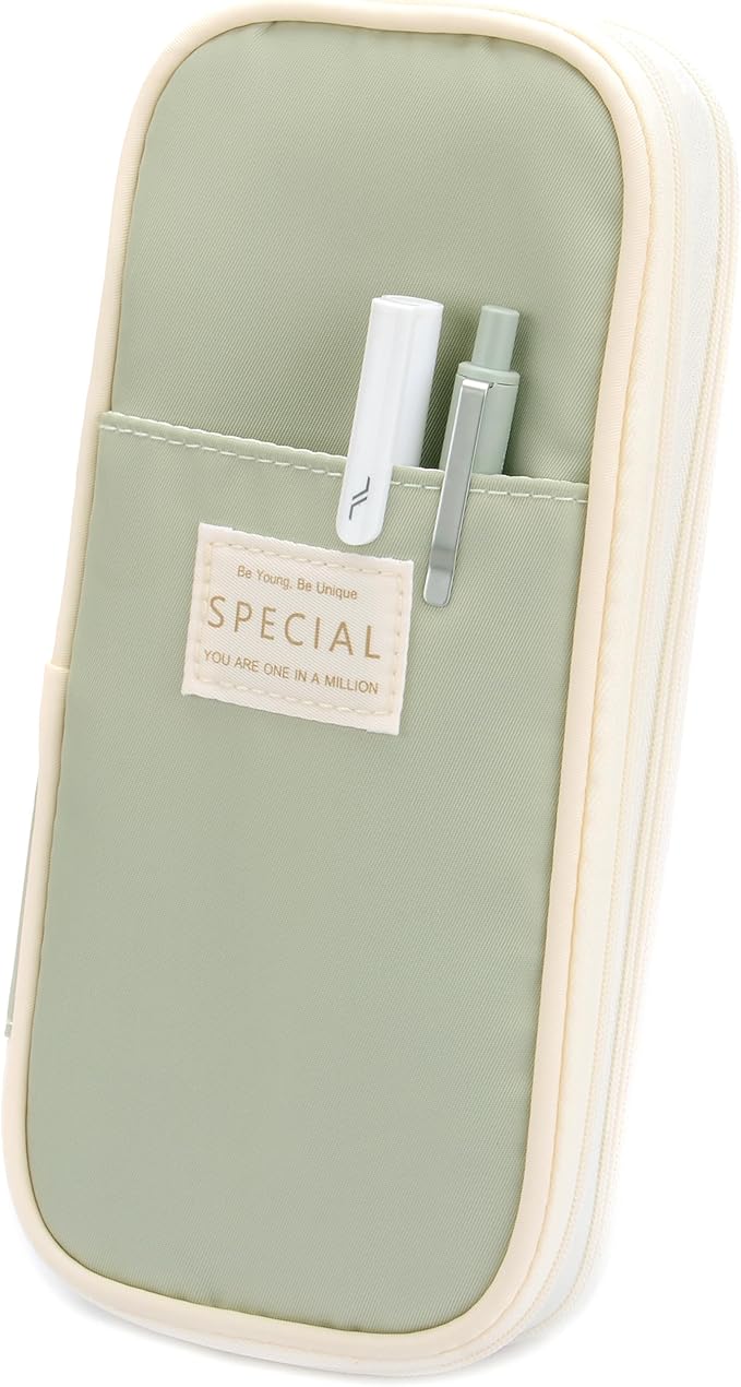 Large Capacity Canvas Pencil Case Organizer Holder Pouch Bag with Zipper Compartments for Women Girls School Adults (Green)
