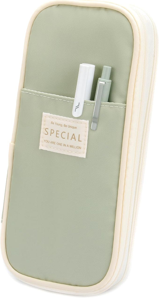 Large Capacity Canvas Pencil Case Organizer Holder Pouch Bag with Zipper Compartments for Women Girls School Adults (Green)