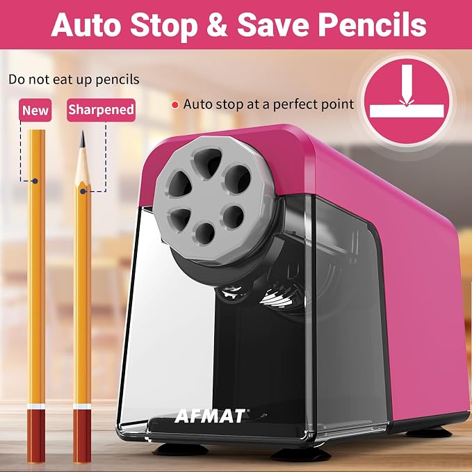 AFMAT 6-Hole Electric Pencil Sharpener for Classroom, Cordless & Rechargeable, Heavy Duty Pencil Sharpeners for 6-11mm Colored Pencils, Auto Stop, Super Fast, 10,000+ Sharpenings, Battery Powered PSD1