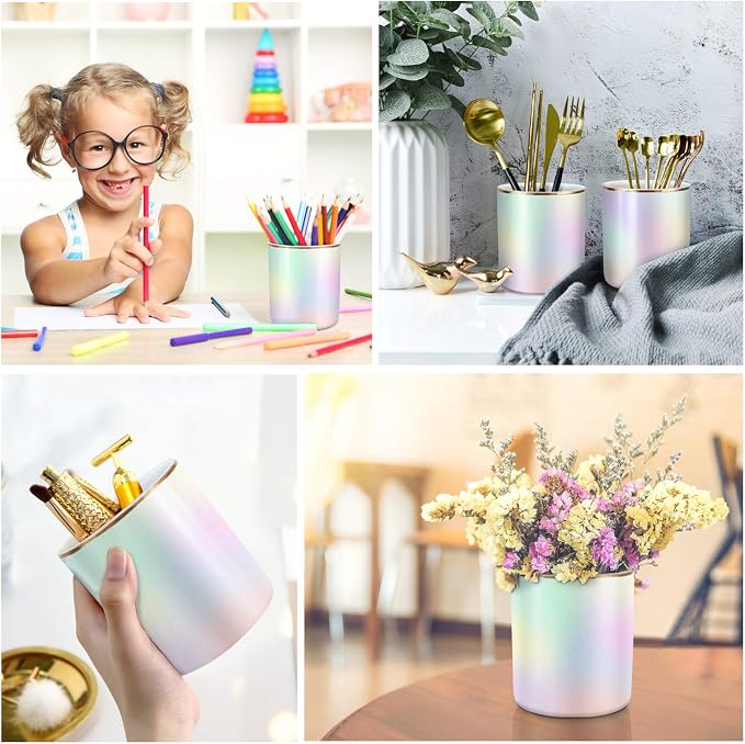 Cute Pen Holder for Desk, Pencil Cup Holder Desktop Stationery Makeup Brush Organizer Decor for Teen Girls Durable Ceramic Desk Organizer for Office, Classroom, Home, Colorful