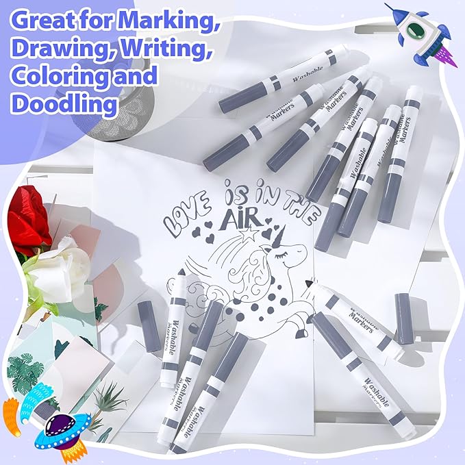 24 Pcs Washable Markers Bulk Broad Line Markers Coloring Conical Tip Large pens for Kids art projects, Teachers, Students, Toddlers, Party Favors, Classrooms, Donations(Gray)