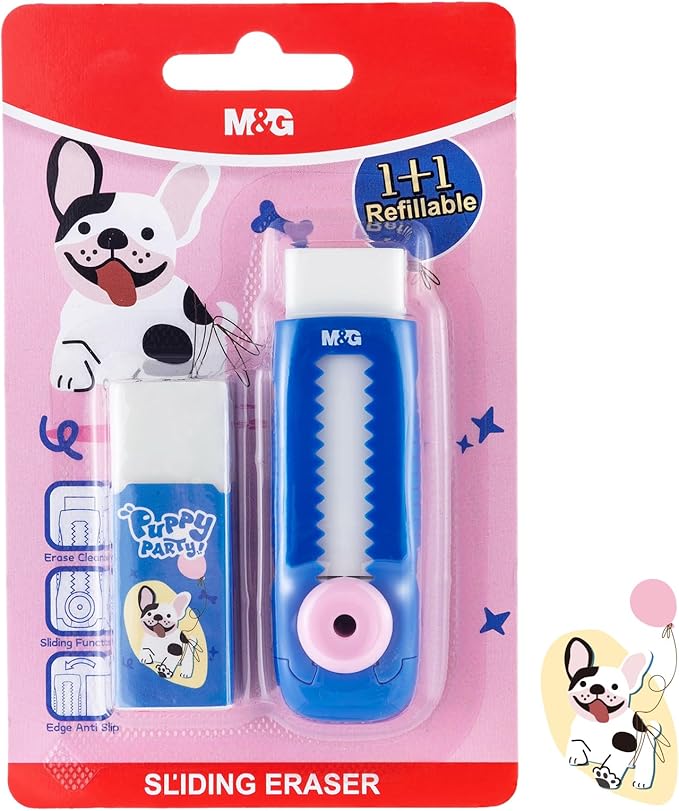 M&G 1+1 Pack Blue Sliding Retractable Cute Eraser Set, Refillable Soft Large Rubber Eraser with Sleeve for Kids Students School Office Supplies