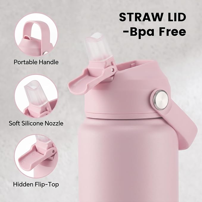 Fijinhom 24oz Insulated Stainless Steel Water Bottle, Wide Mouth Double Wall Vacuum, Silicone Straw, Sweat & Leak Proof, BPA Free Insulated Water Flask for Travel, Keep Cold 24h Hot 12h, Coral Pink
