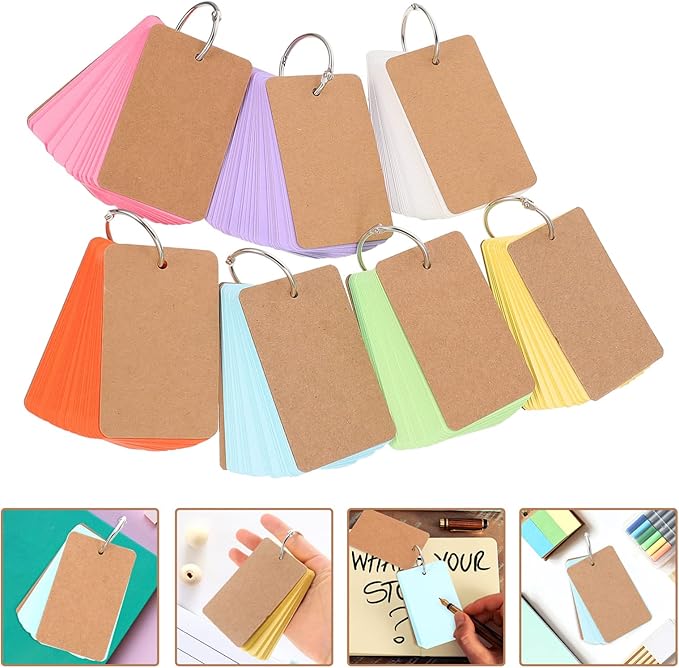 NUOBESTY Blank Card Set 350Pcs 2.75X1.57 Inch Loose-Leaf Note Pads with 7 Rings Hand Painting Cards for Study Flashcards Diy Memo Book Travel Office