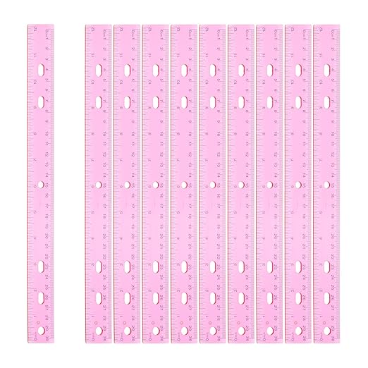 HARFINGTON 12pcs Plastic Rulers 12" (30cm) Clear Straight Ruler Measuring Tool Inches and Centimeters with Hole for Home Office Classrooms Drafting, Clear Pink