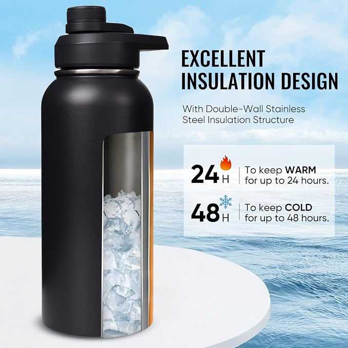Fijinhom Insulated Water Bottle with Handle, 304 Stainless Steel Water Bottles with Wide Mouth, Double Wall Vacuum Sports Water Bottle, BPA Free, Keep Cold and Hot, 32 Ounces Black