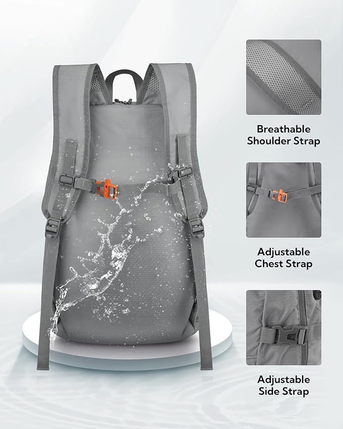 WATERFLY Hiking Packable Daypack Backpack: 35L Ultra Lightweight Day Pack for Women Men - Large Foldable Back Pack for Outdoor Sport Cycling Camping Travel Trip - Gray