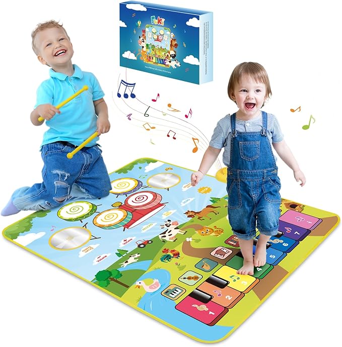 FOKI Piano Mats, 3-in-1 Animal Musical Play Mat with Piano & Drum for Montessori Sensory Early Educational Musical Learning Toys, Ideal Birthday Toy for Baby Girls, Boys, Toddlers, Ages 1-5 Years Old