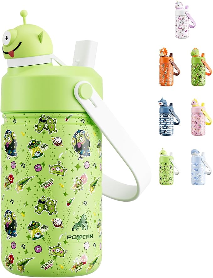 POWCAN 12 oz Insulated Water Bottle for School: 2-in-1 Straw Spout Lid with Soft Animal Head, BPA-Free, Leakproof, Keep Cold 24H, Easy Carry, Stainless Steel Cup for Boys, Girls, Kids (Alien Party)