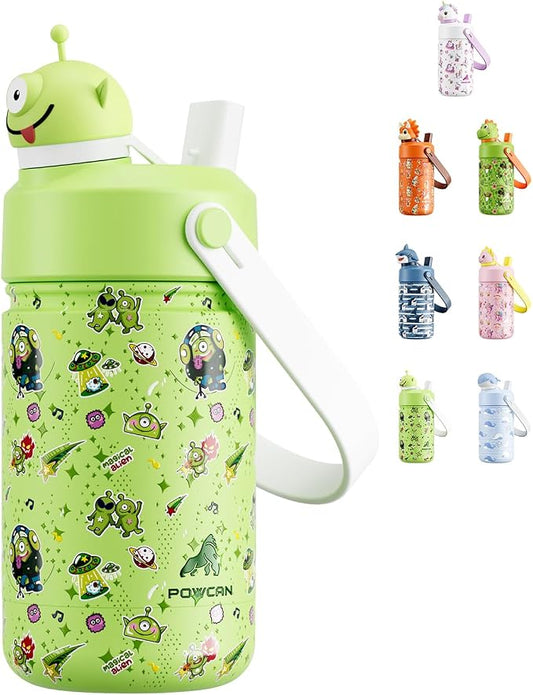 POWCAN 12 oz Insulated Water Bottle for School: 2-in-1 Straw Spout Lid with Soft Animal Head, BPA-Free, Leakproof, Keep Cold 24H, Easy Carry, Stainless Steel Cup for Boys, Girls, Kids (Alien Party)
