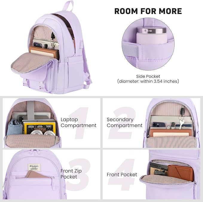 WINDARS School Backpack for Teen Girls, Cute College Backpacks for Women Students Aesthetic Bookbag Large 15.6 Inch Laptop Bag Middle School Travel Back Pack (Purple)