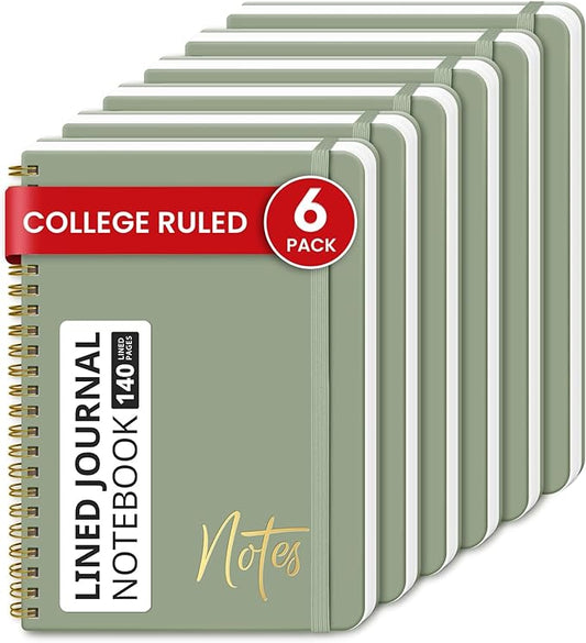 ZOTIA Lined Spiral Journal Notebook for Women, 6 Pack, A5 College Ruled Journals for Writing, Hardcover Notebooks for Work, Note taking and Office School Supplies,140 Pages, 6 Pcs - Green