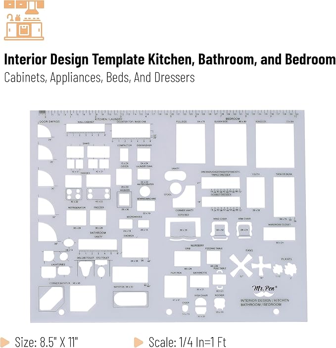 Mr. Pen- House Plan, 3 pcs, Interior Design and Furniture Templates, Clear Flexible Plastic, Drafting Tools, Ruler Shapes for Architecture, 1/4 Inch Scale, Kitchen, Bath, Bedroom, Office, Living Room