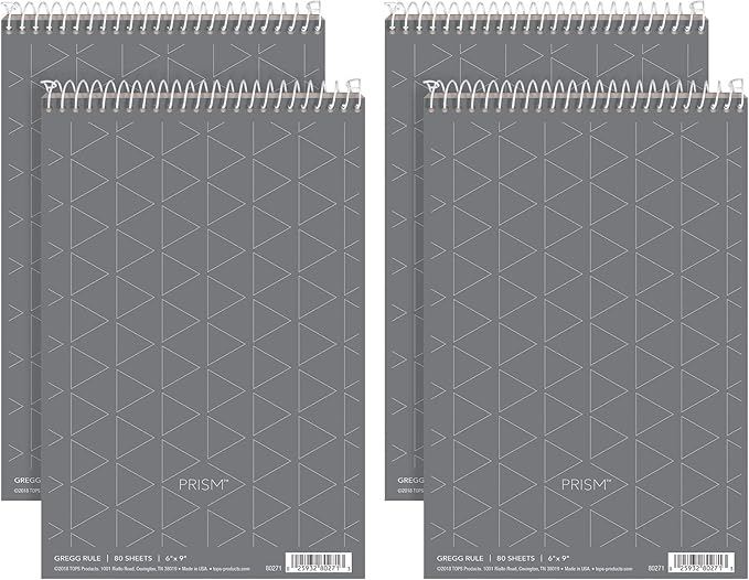 Tops Prism Steno Pads, Gregg Ruled, 6" x 9" Shorthand Writing Pad, Gray Paper, Spiral Bound Notepad, Perforated Pages, 80 Sheets, 4 Pack (80274)