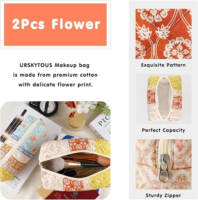 URSKYTOUS 2Pcs Floral Makeup Bag for Women Cotton Quilted Coquette Cosmetic Bag Cute Zipper Mixed Flower Makeup Pouch Aesthetic Portable Pencil Pouch Travel Toiletry Bag Trendy Cloth Skincare Bag