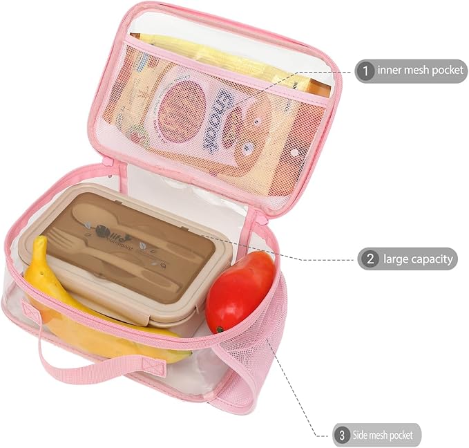 GYEUKHAM Insulated Lunch Box for School, Thermal Reusable Durable Freezable Lunch Bags for Kids Boys Girls Men Women - Small Soft Cooler Portable Lunch Tote Kit for Work Picnic Travel,Clear Pink