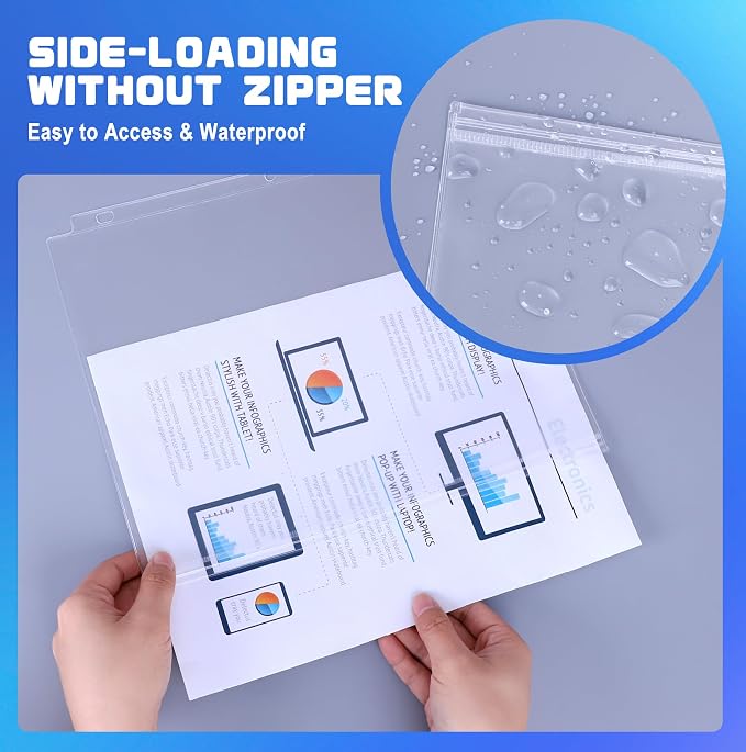 Antner 10 Pack Letter Size Binder Pockets 3 Ring Binder Zipper Pouch, 3-Hole Waterproof Resealable Zip Loose Leaf Insert Bags PVC Document Organizer Folders Page Sheet Protectors for 8.5x11 Paper