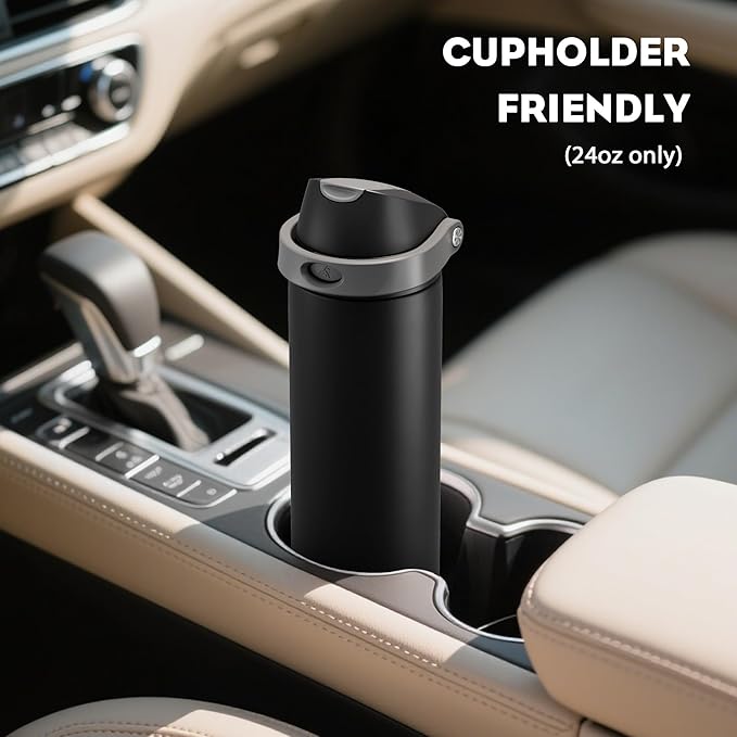 POWCAN 24 oz Insulated Water Bottle for Sports: Push-Button Spout & Quick-Flip Straw, Leakproof, Keep Cold 24Hrs, Fits Car Cupholder, Stainless Steel Bottle for Travel, Gym, School (Midnight Black)