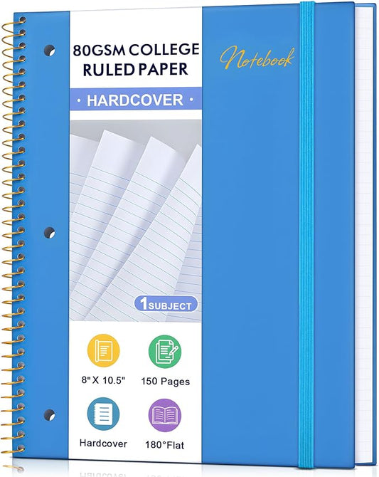 Spiral Notebook College Ruled Paper 8" x 10-1/2", 1 Subject Spiral Notebook 80GSM Paper, 3-Hole Punched Perforated Pages Ideal for School, Office, Writing, 75 Sheets Lined Journaling Notebook, Blue