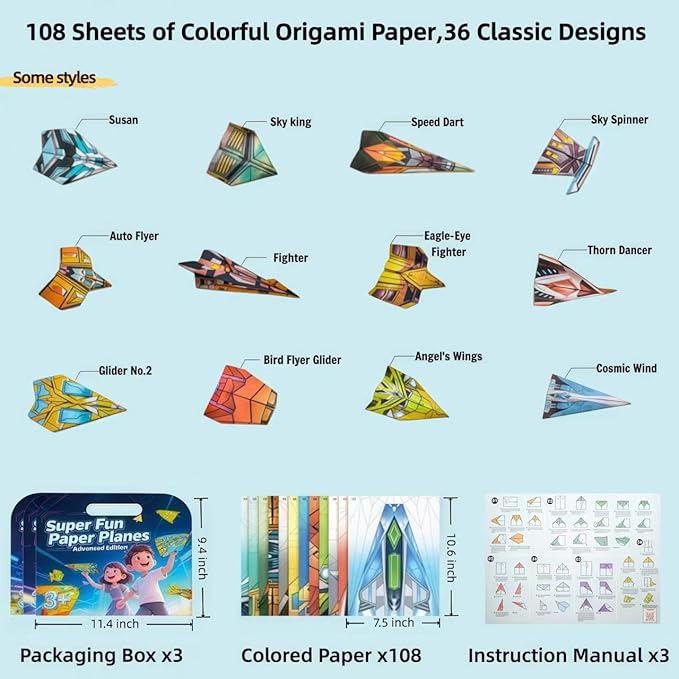 JUJOYYS 3 Difficulty Level Paper Airplane Kits with 36 Classic Designs 108 Sheets of Colorful Origami Paper,Crafts Origami Book Airplane Gifts for Kids Boys and Girls Ages 6-8,8-12