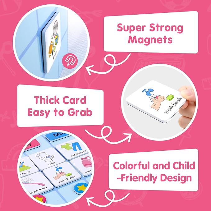 Visual Schedule for Kids, 170 Magnetic Visual Cards & Tri-Fold Magnetic Board, Daily Routine Chart for Autism ADHD, Toddler Morning Bedtime Chore Planner for Home Classroom, Visual Routine Board for Nonverbal Special Needs Children