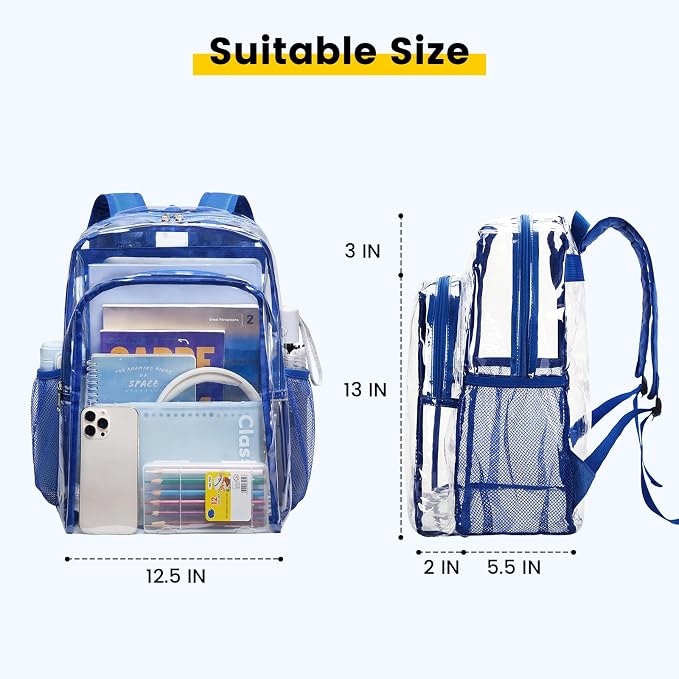 Vorspack Clear Backpack Heavy Duty - Large Clear Backpacks Transparent Bookbag for Girls Boys Large See Through Bag for Work, College, Concert - Blue