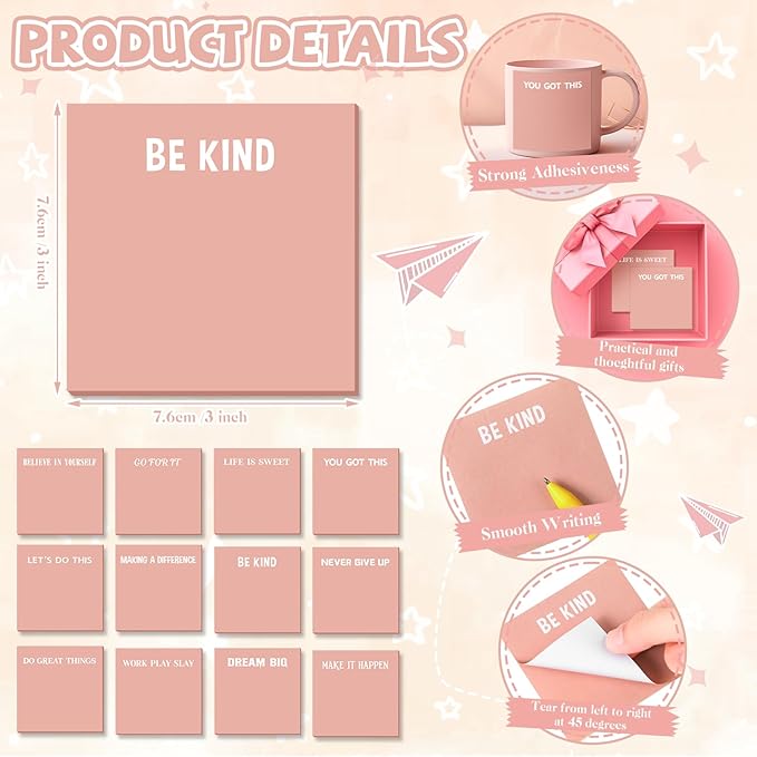 Yinder 24 Pcs Inspirational Sticky Notes Cute Motivational Sticky Notes Pad End of Year Employee Appreciation Gifts Bulk for Teacher Nurse Coworkers Office Supplies 3 x 3'' (Inspire,Pink)