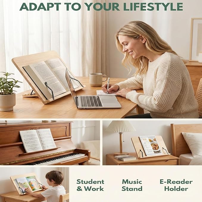 Adjustable Wood Reading Book Stand, Portable Book Holder with Page Stoppers, Ergonomic Desk Book Holder for Reading, Studying, Cooking, Textbook & Recipe Display(13.4x9.45inch)