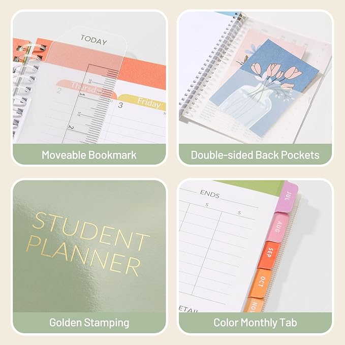 SUNEE Student Planner 2026-2027, Academic Weekly & Monthly School Planner, Jul. 2026 - Jun. 2027, 6.5" x 8.3" Middle & High Lesson Plan Book with Weekly Goals, Monthly Tabs, Bookmark, Sage Green