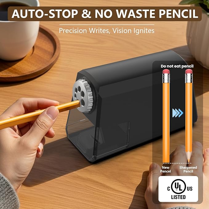 Heavy Duty Electric Pencil Sharpener – 6-Hole Design, Auto Start/Stop, Large Shavings Bin, Safe & Fast 4s Sharpening, Durable Zinc Alloy Blade – Great for School & Office Use