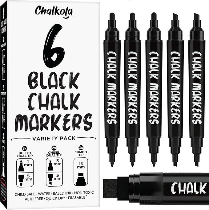 Chalkola 6 Black Chalk Markers - Dual tip, Fine & Jumbo Tip (1mm, 3mm, 5mm, 15mm) | Erasable Liquid Chalk Pens for Blackboard, Chalkboard Signs, Car Window, Bistro, Glass | Washable Chalkboard Markers