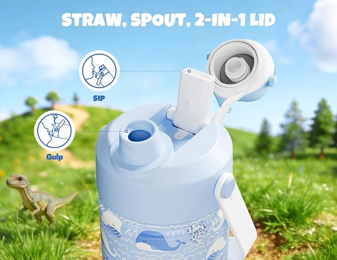 POWCAN 12 oz Kids Water Bottle for School: 2-in-1 Straw Spout Lid with Soft Animal Head, Leakproof, Backpack Friendly, Keep Cold 24H, Insulated cup for Sports, Playground, Holiday Gift (Whale Splash)