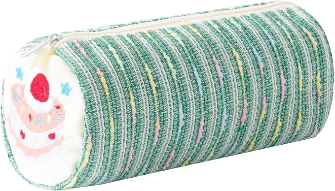Cute Striped Pencil Case for Girls Large Capacity Aesthetic Pen Pouch with Zipper Stationery Organizer Bag for School Office Durable Pencil Box for Teens Students Women Kids (Cylinder-Green)